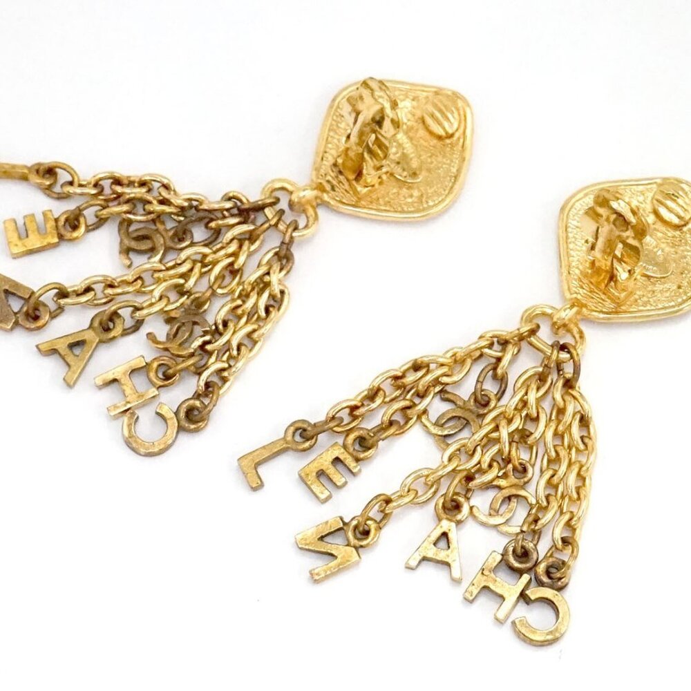 CHANEL CC Logos Fringe Dangle Clip-On Earrings Gold Tone Auth w/Box h1101 - Picture 3 of 7